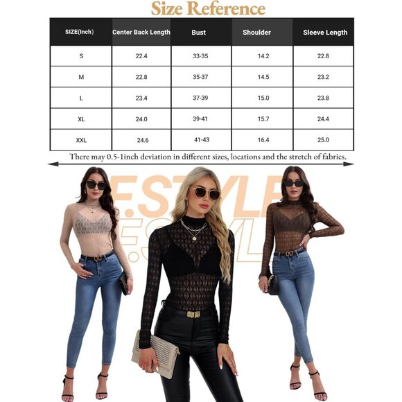 🆕 Women Black Long Sleeve Mesh Top Lace Mock Neck See Through Fitted Sexy Out - Picture 7 of 7